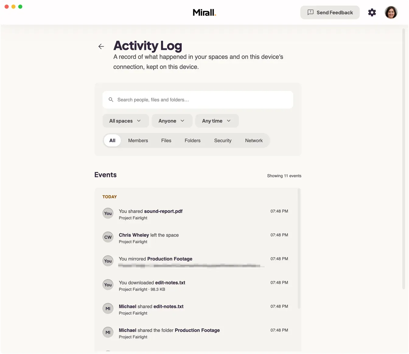 Mirall's Activity Log listing recent events — files shared and downloaded, a folder mirrored, and members joining and leaving — with a search box and space, person and date filters above