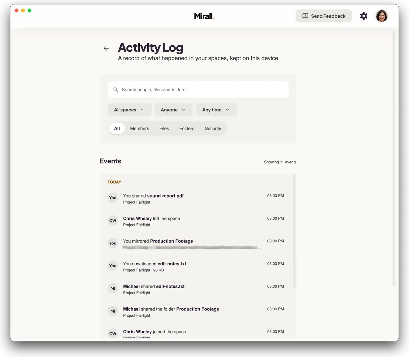 Mirall's Activity Log listing recent events — files shared and downloaded, a folder mirrored, and members joining and leaving — with a search box and space, person and date filters above