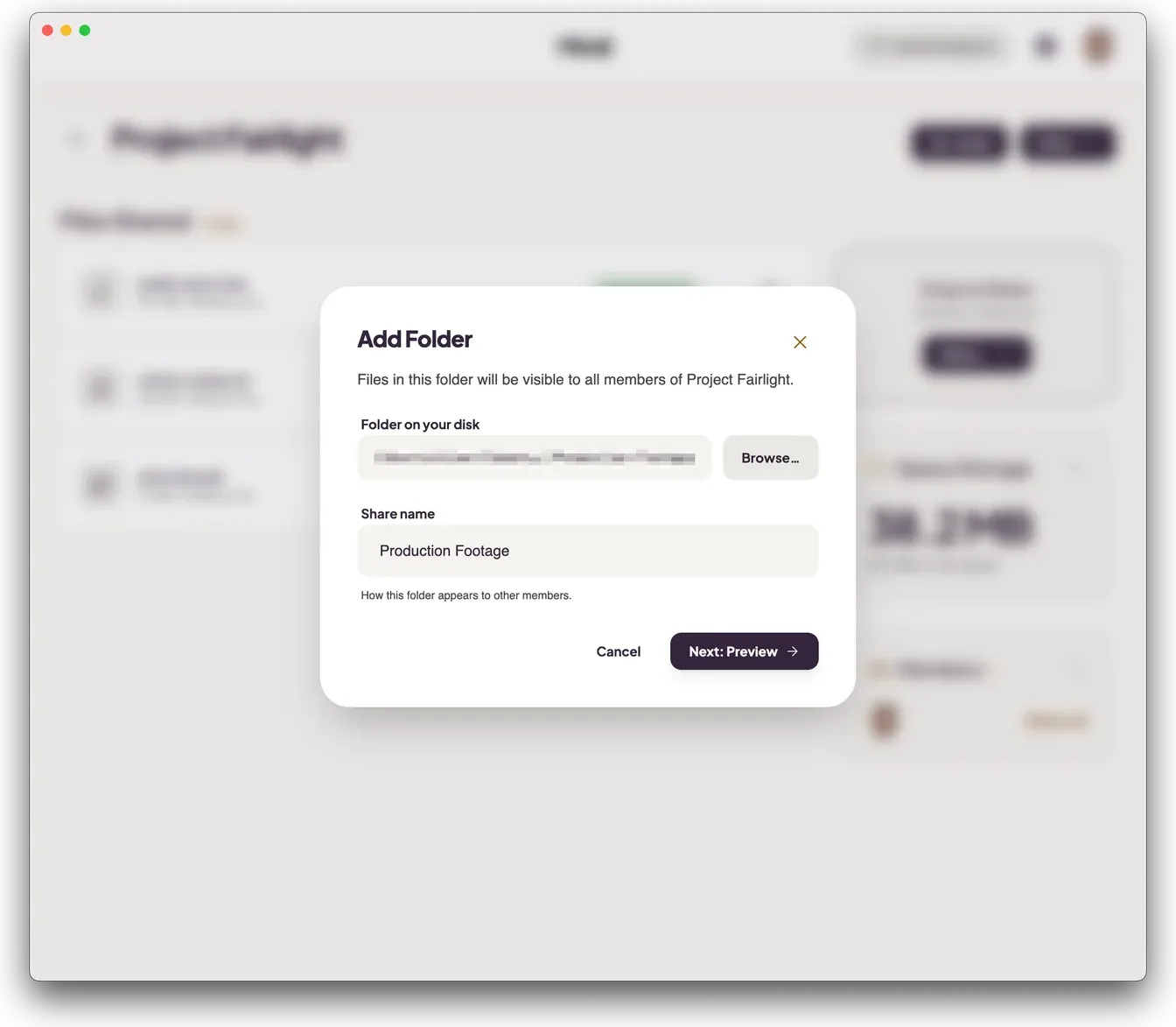 Mirall's Add Folder dialog with a folder path, a share name field, and a Next: Preview button