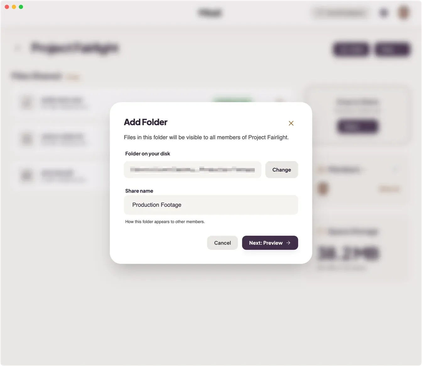 Mirall's Add Folder dialog with a folder path, a share name field, and a Next: Preview button