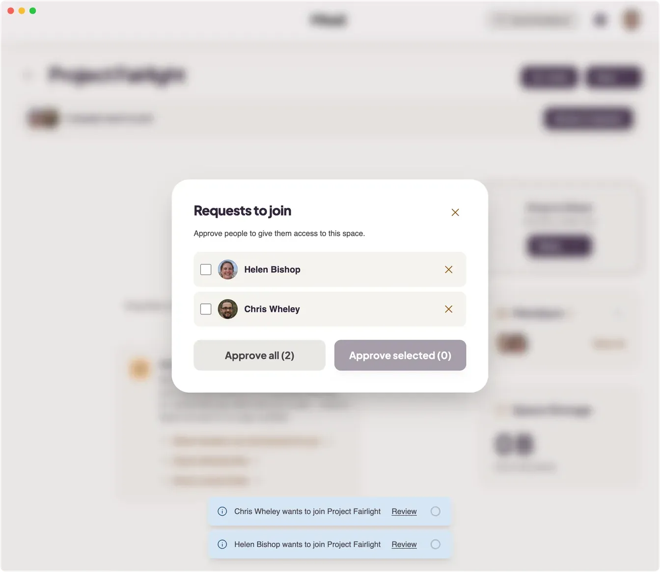 Mirall's “Requests to join” dialog listing people waiting to join, with Approve selected and Approve all buttons