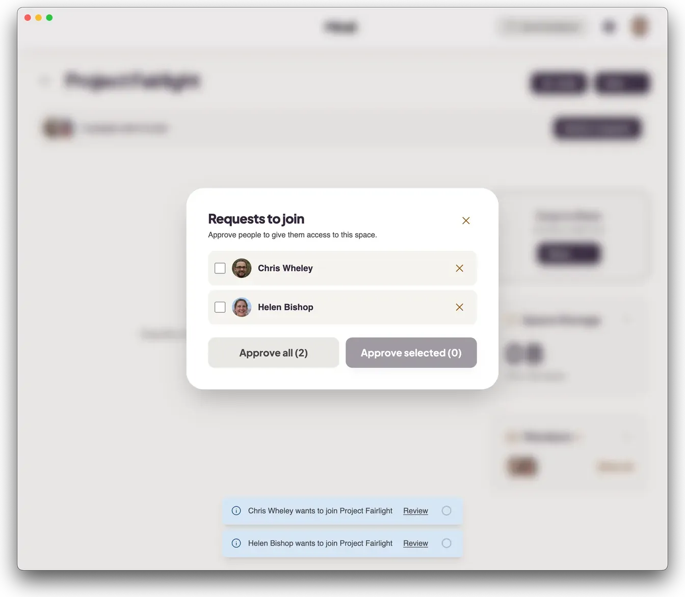 Mirall's “Requests to join” dialog listing people waiting to join, with Approve selected and Approve all buttons