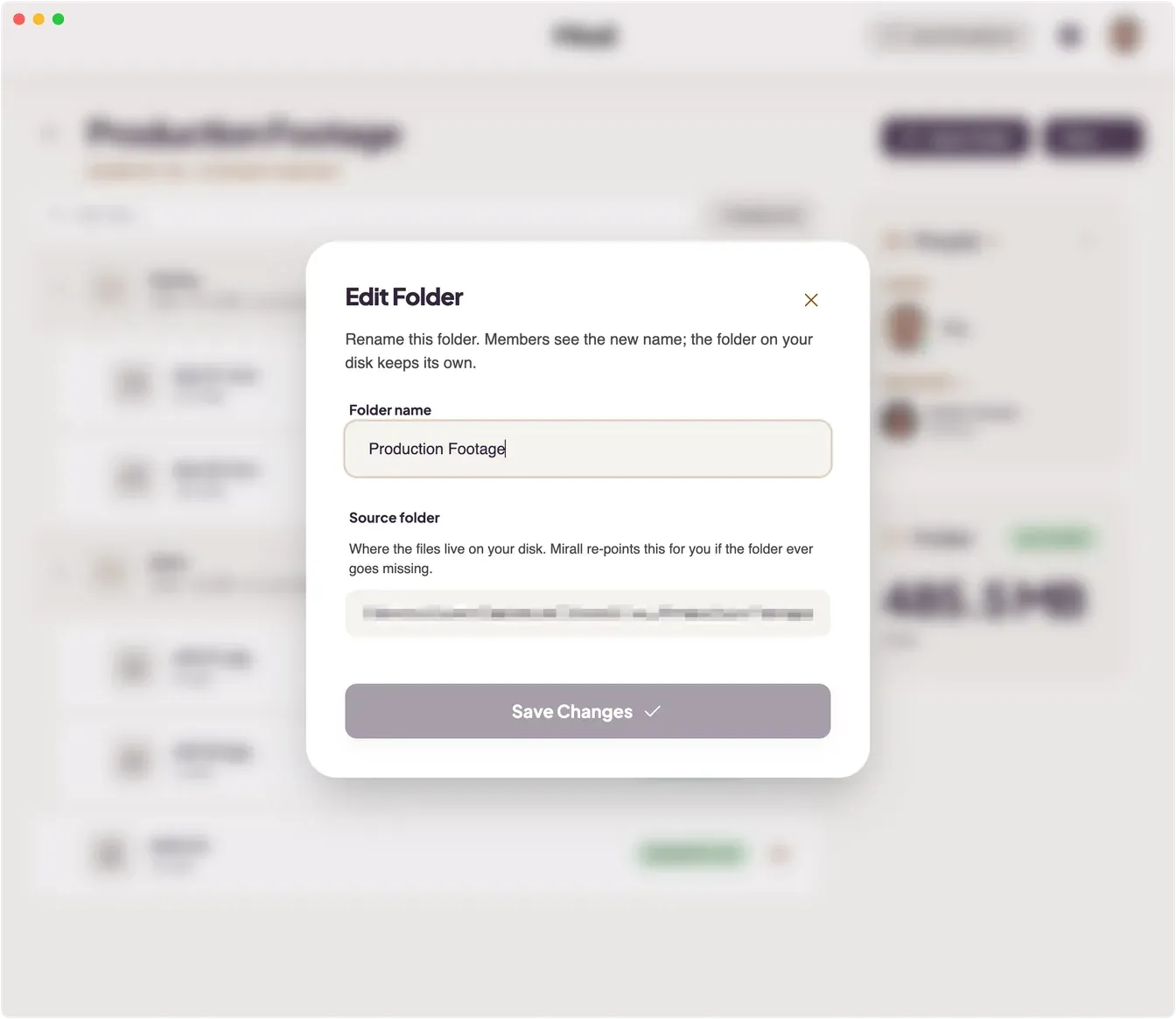 Mirall's Edit Folder dialog on a folder you share, with an editable folder name above the read-only location of its source folder