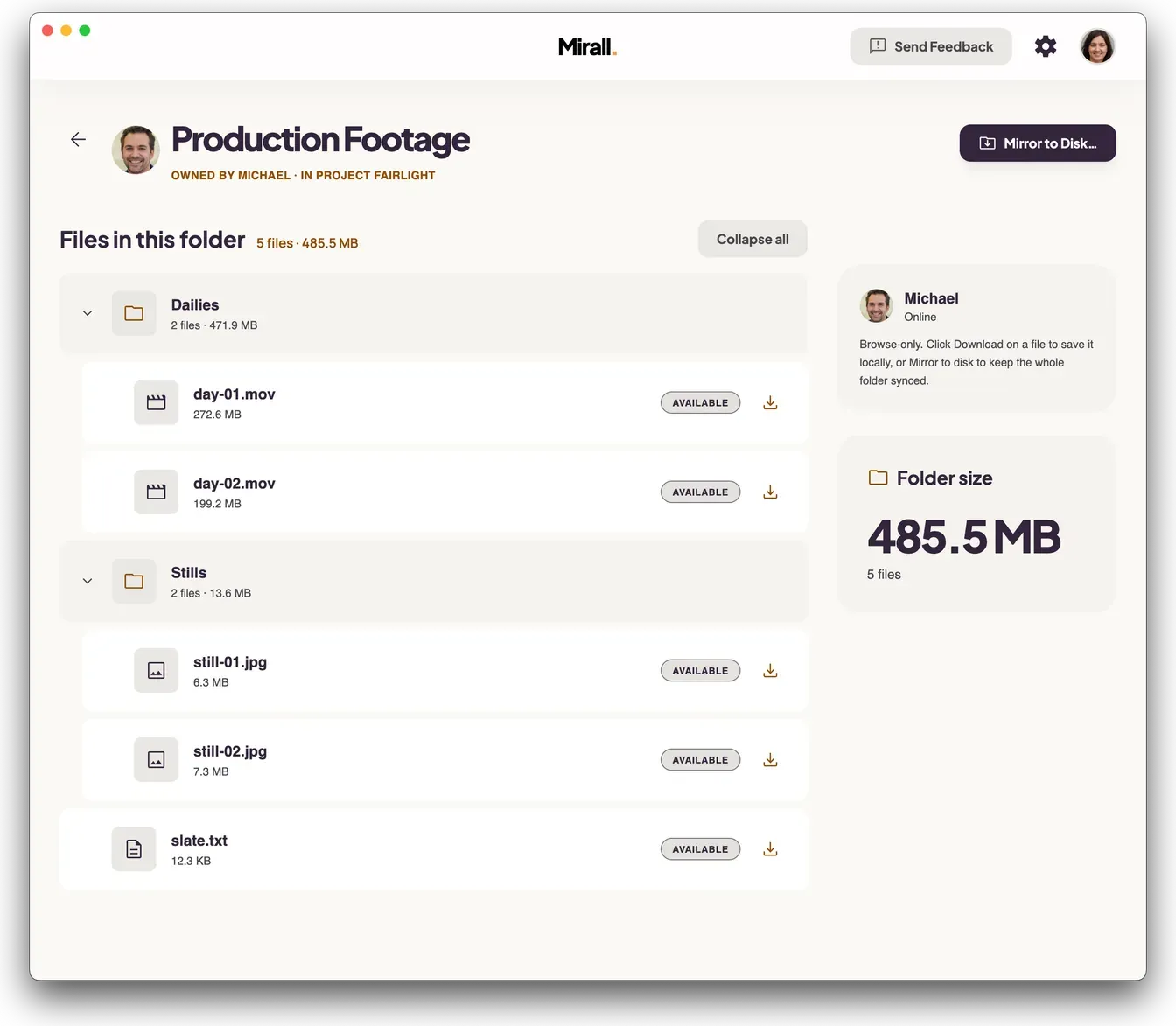 A shared folder in Mirall browsed as a tree, with subfolders showing file counts and sizes and an Expand all button