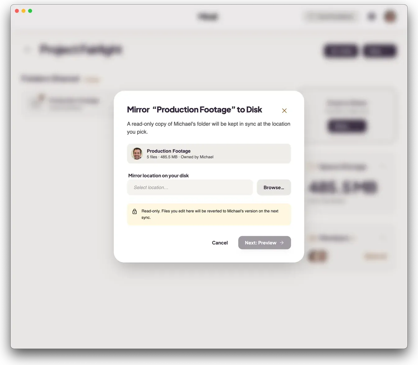 Mirall's Mirror to Disk dialog, picking a location for a read-only copy that stays in sync with the owner's folder