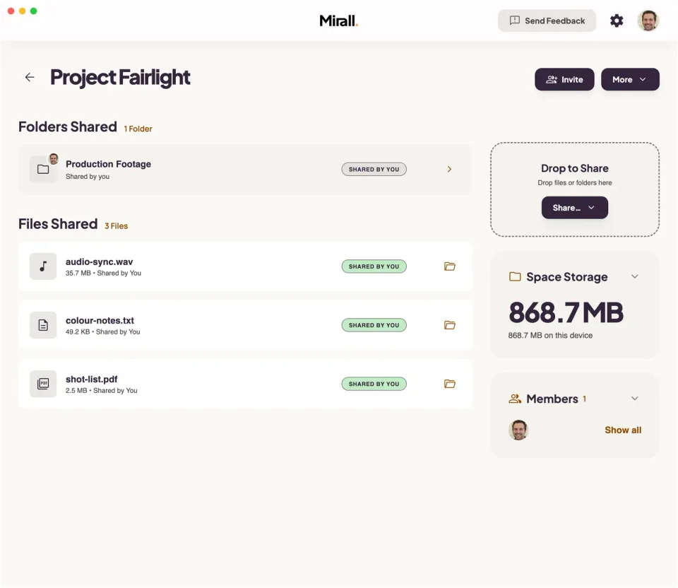 Mirall desktop app — Shared Spaces home with All Spaces and Favorites tabs, three example spaces with member avatars, and Create / Join Space actions