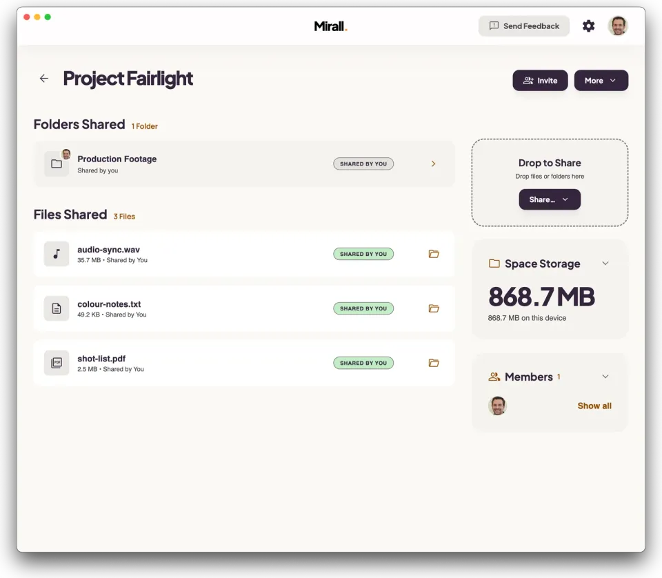 Mirall desktop app — Shared Spaces home with All Spaces and Favorites tabs, three example spaces with member avatars, and Create / Join Space actions