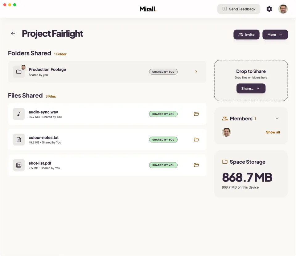 Mirall desktop app — the Project Fairlight space, with a shared Production Footage folder, three shared files, a Drop to Share zone, and Space Storage and Members panels