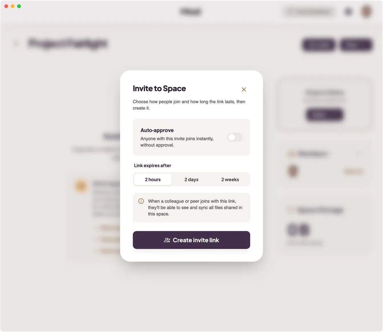 Mirall's Invite to Space dialog with an auto-approve toggle and a link expiry choice of 2 hours, 2 days, or 2 weeks