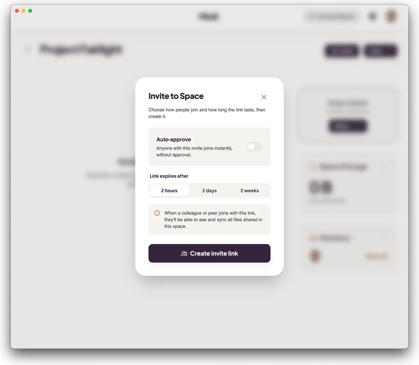 Mirall's Invite to Space dialog with an auto-approve toggle and a link expiry choice of 2 hours, 2 days, or 2 weeks