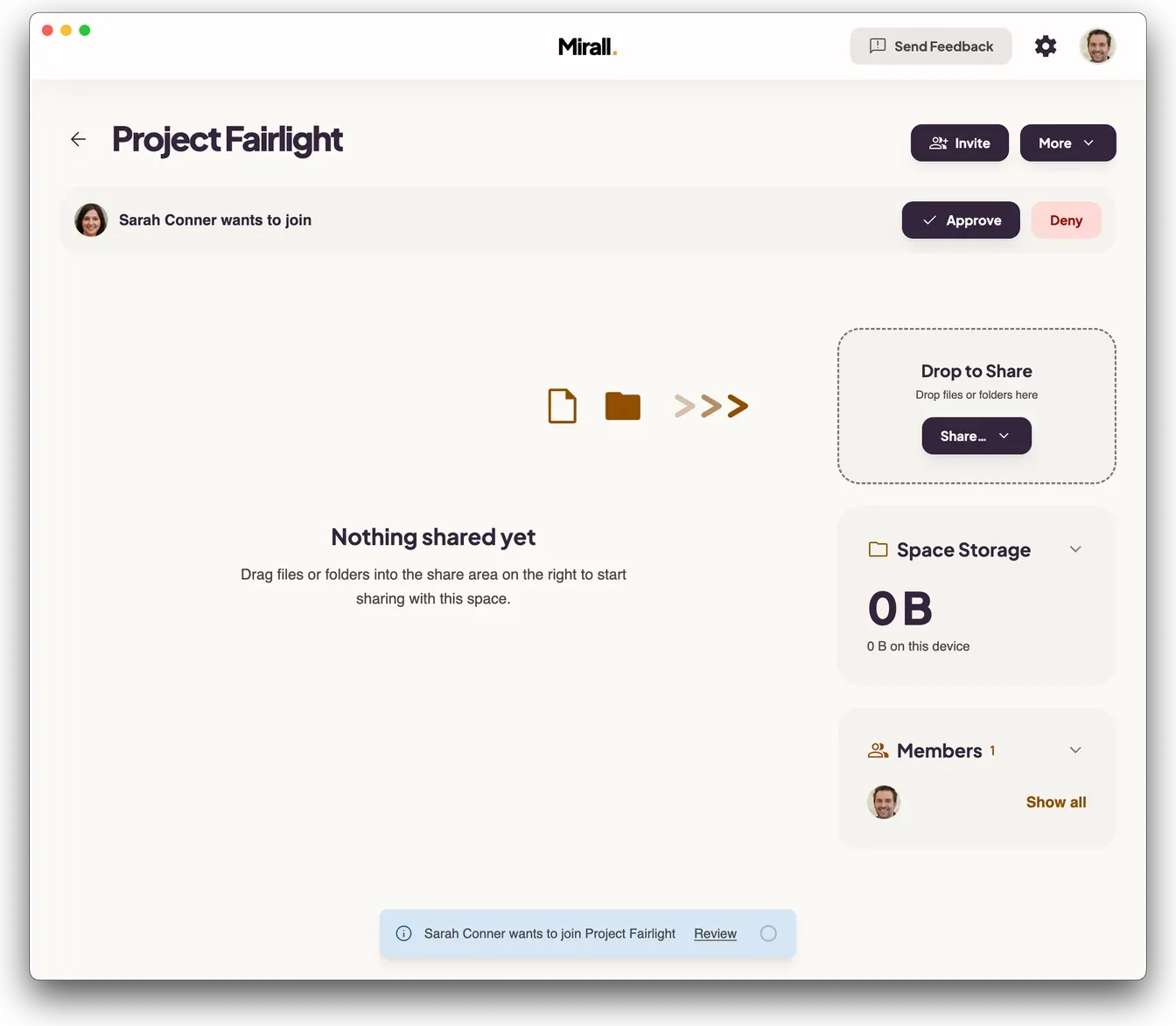 A Mirall space showing a “wants to join” banner with Approve and Deny buttons above the shared files