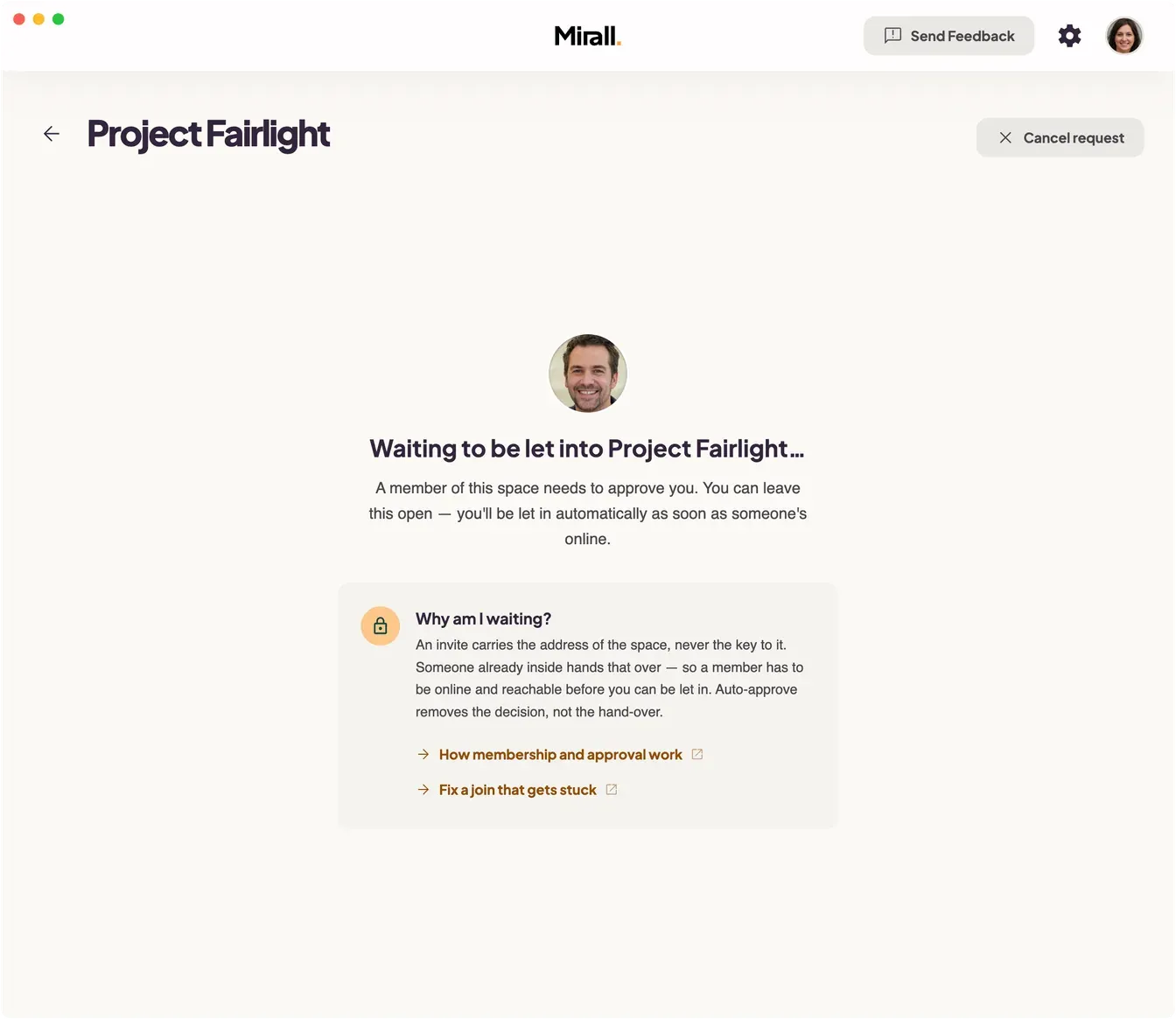 Mirall showing it is waiting to be let into a space, with the existing members' avatars and a Cancel request button
