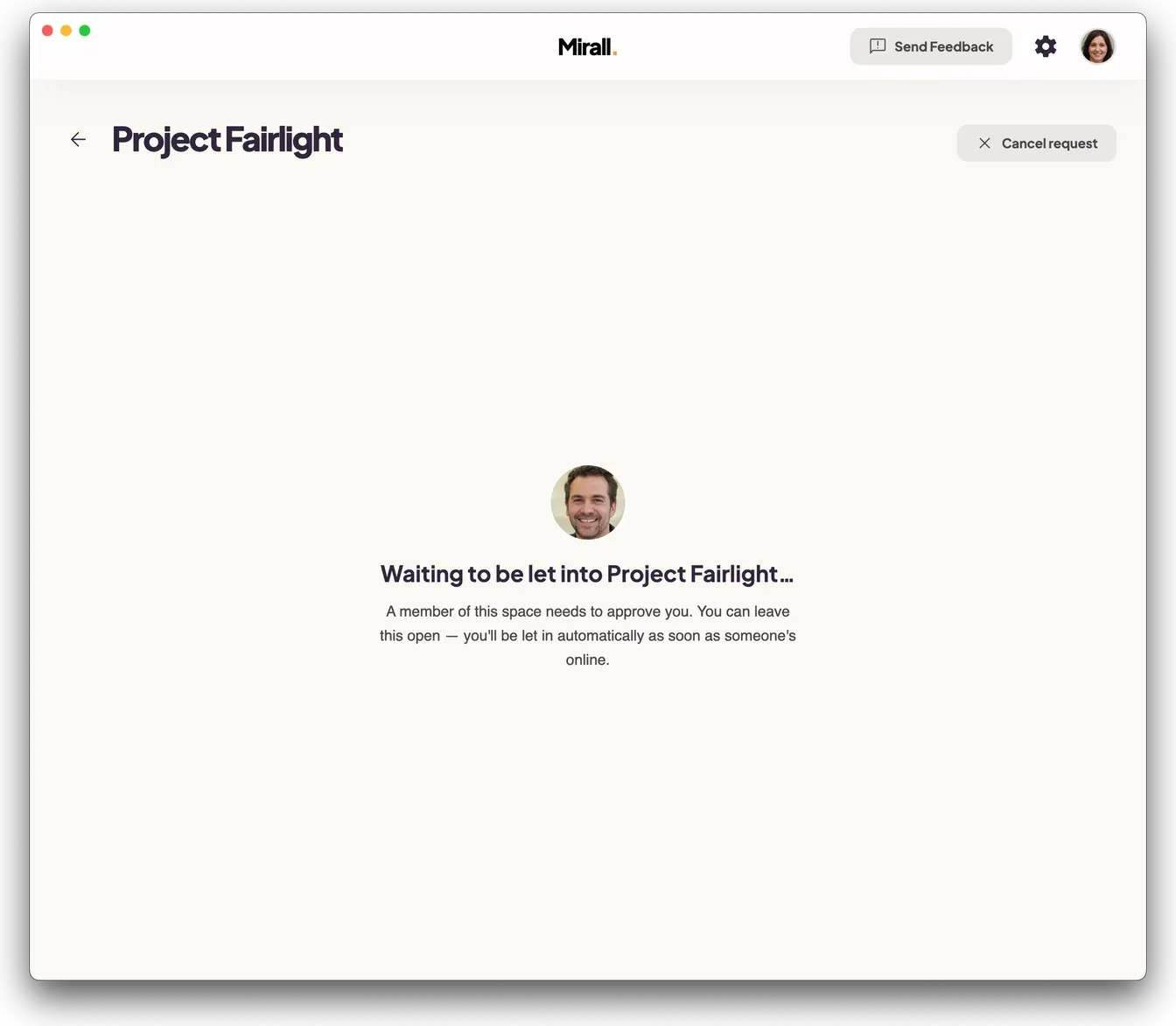 Mirall showing it is waiting to be let into a space, with the existing members' avatars and a Cancel request button