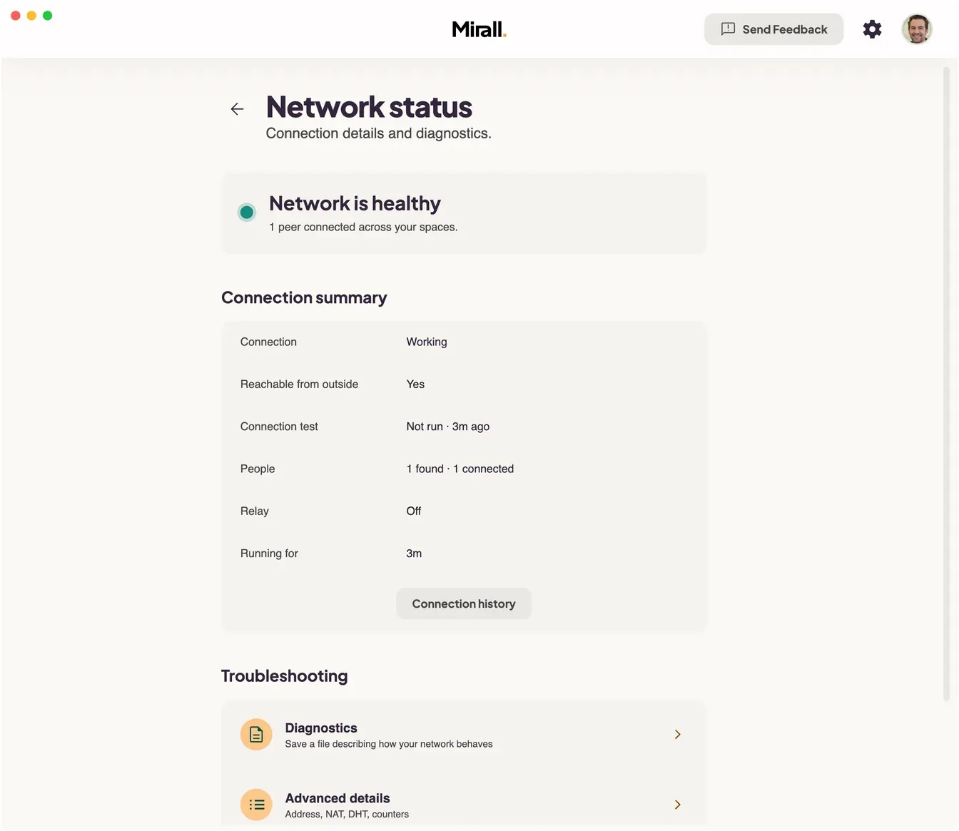 Mirall's Network status screen showing the healthy headline, a connection summary with reachability, connection-test and relay rows, and the Troubleshooting group below it