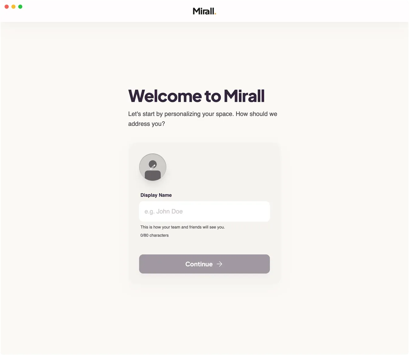 Mirall's welcome screen asking for a display name and an optional avatar before first use