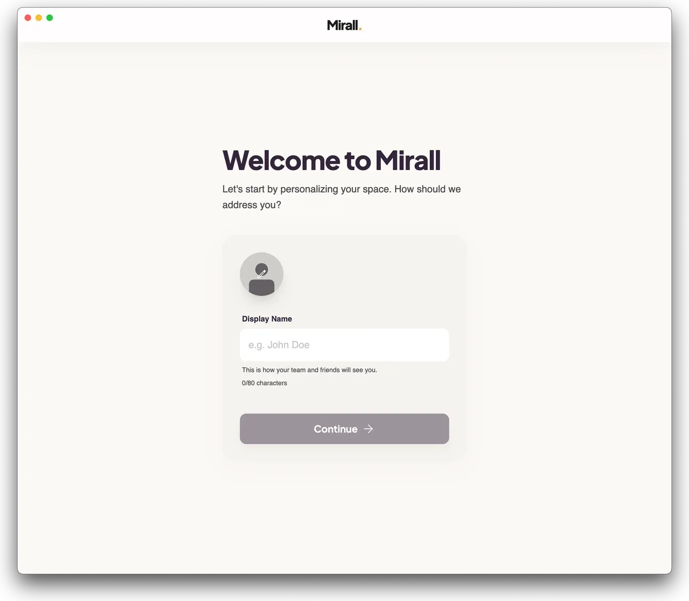 Mirall's welcome screen asking for a display name and an optional avatar before first use