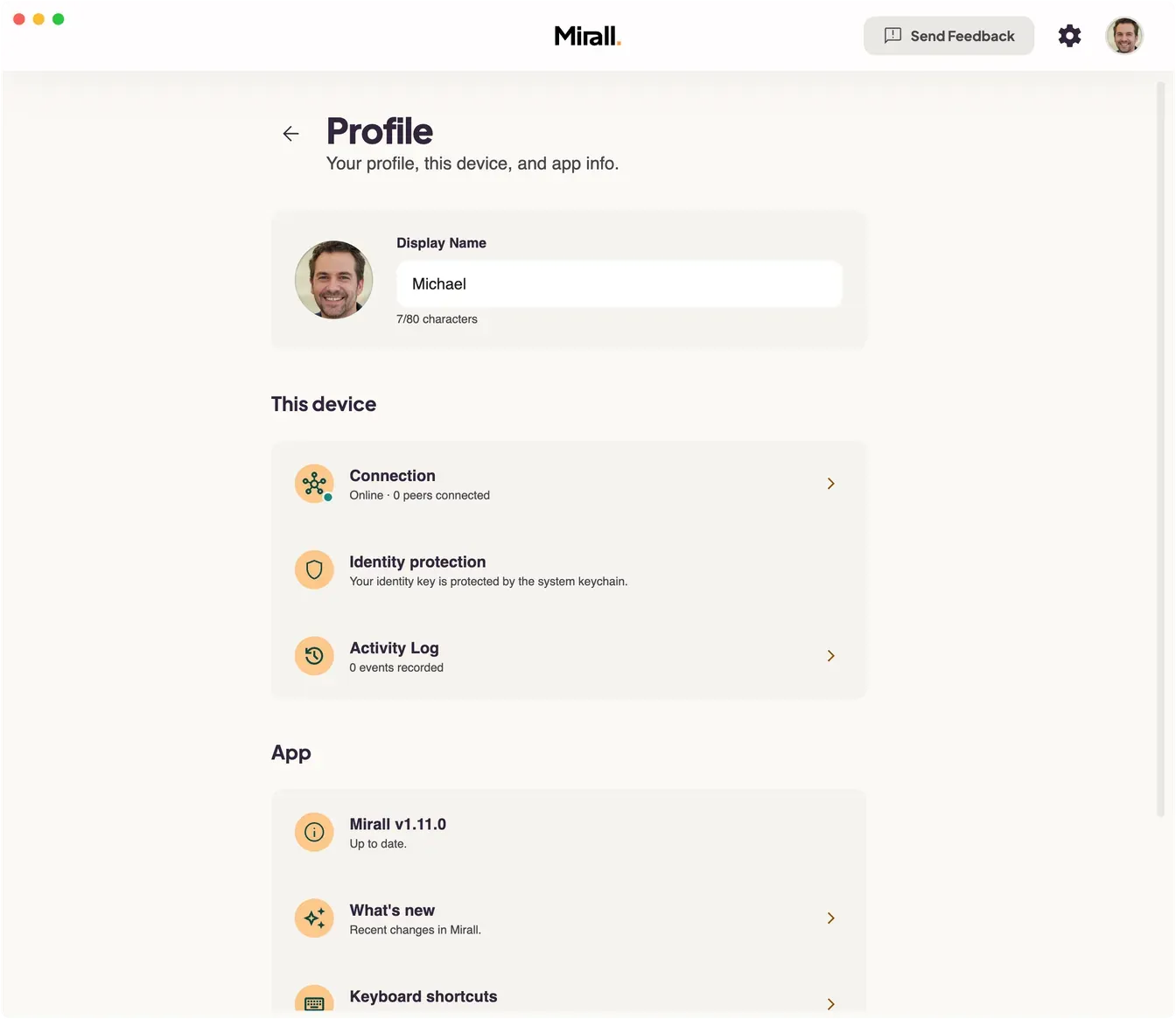 Mirall's Profile page showing the display name and picture at the top, a This device group with Connection, Identity protection and Activity Log, and an App group with the installed version