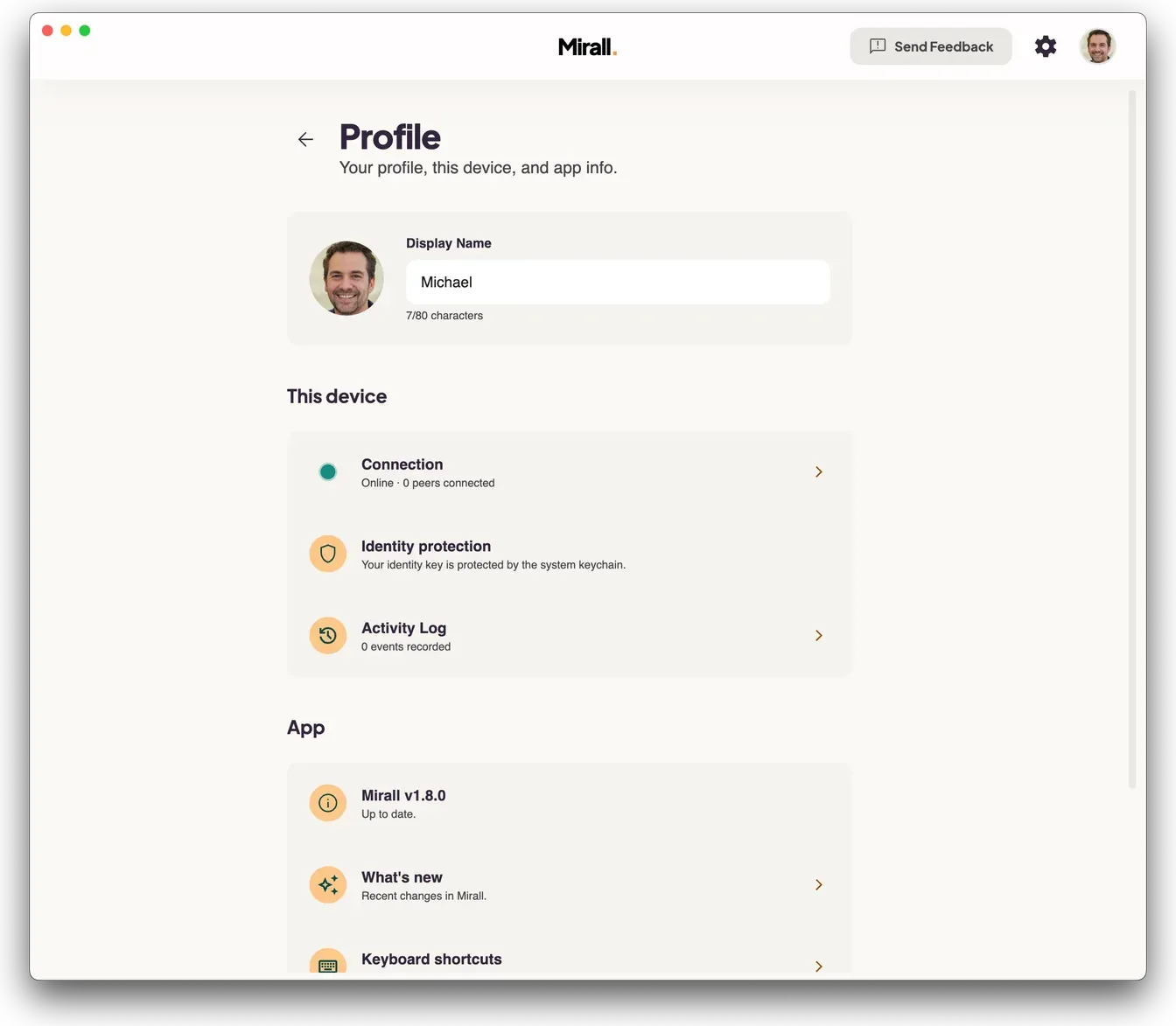 Mirall's Profile page showing the display name and picture at the top, a This device group with Connection, Identity protection and Activity Log, and an App group with the installed version