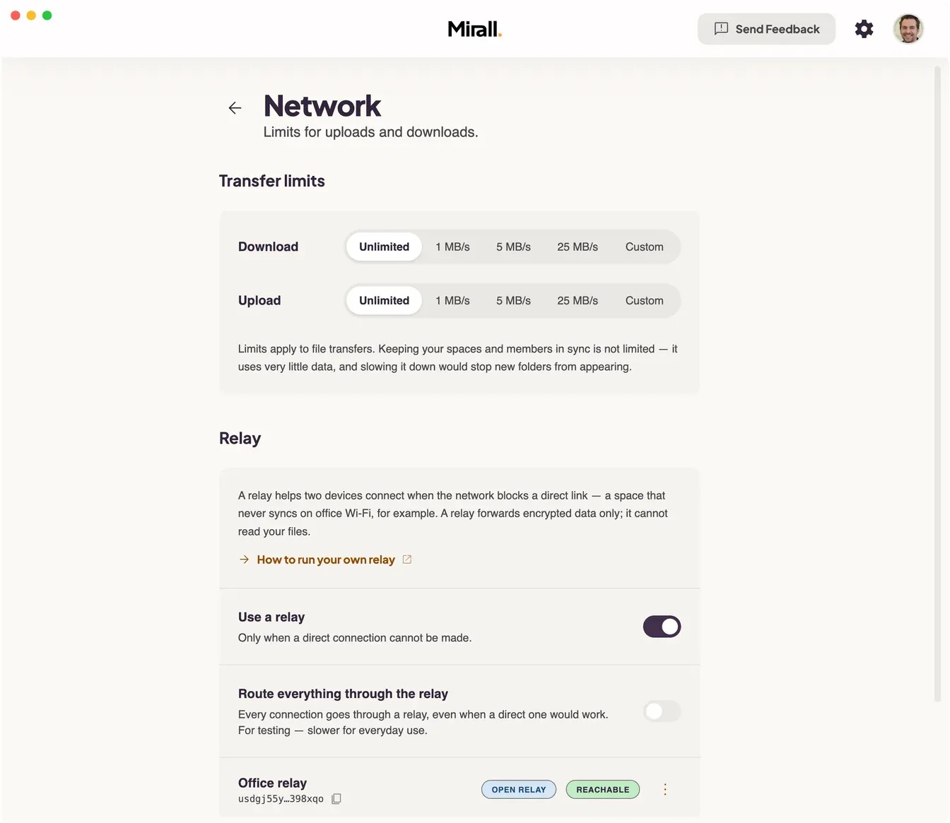 Mirall's Network settings, with the Relay section below the transfer limits: a configured relay named Office relay, its masked key, an Open relay badge and a Reachable status