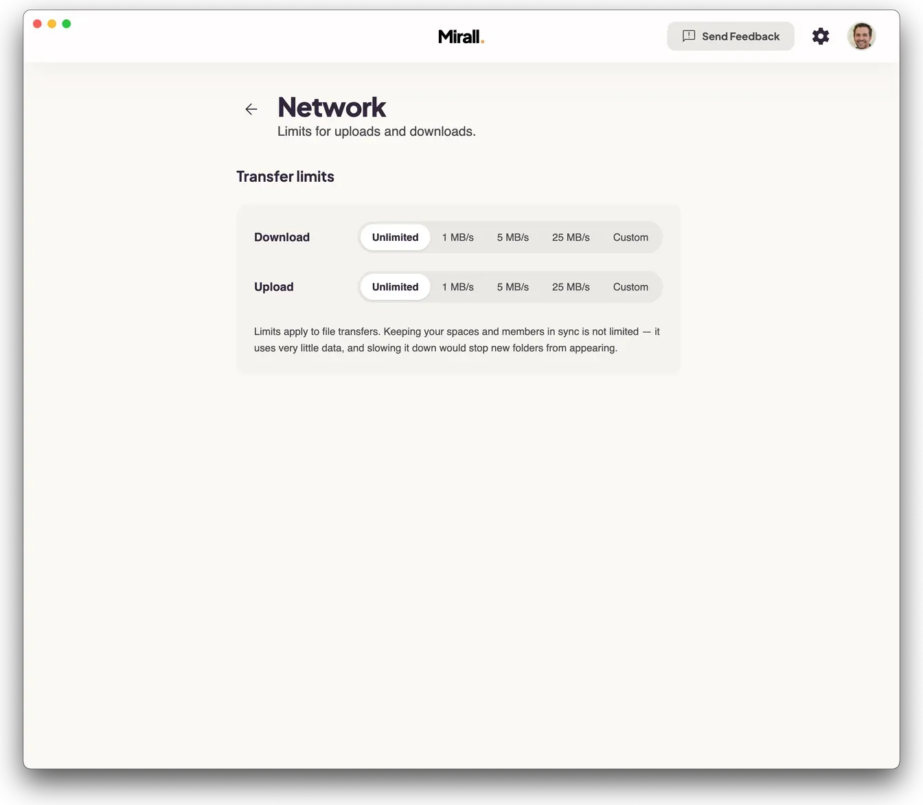 Mirall's Network settings showing Transfer limits, with separate Download and Upload rows offering Unlimited, 1 MB/s, 5 MB/s, 25 MB/s, or a custom figure