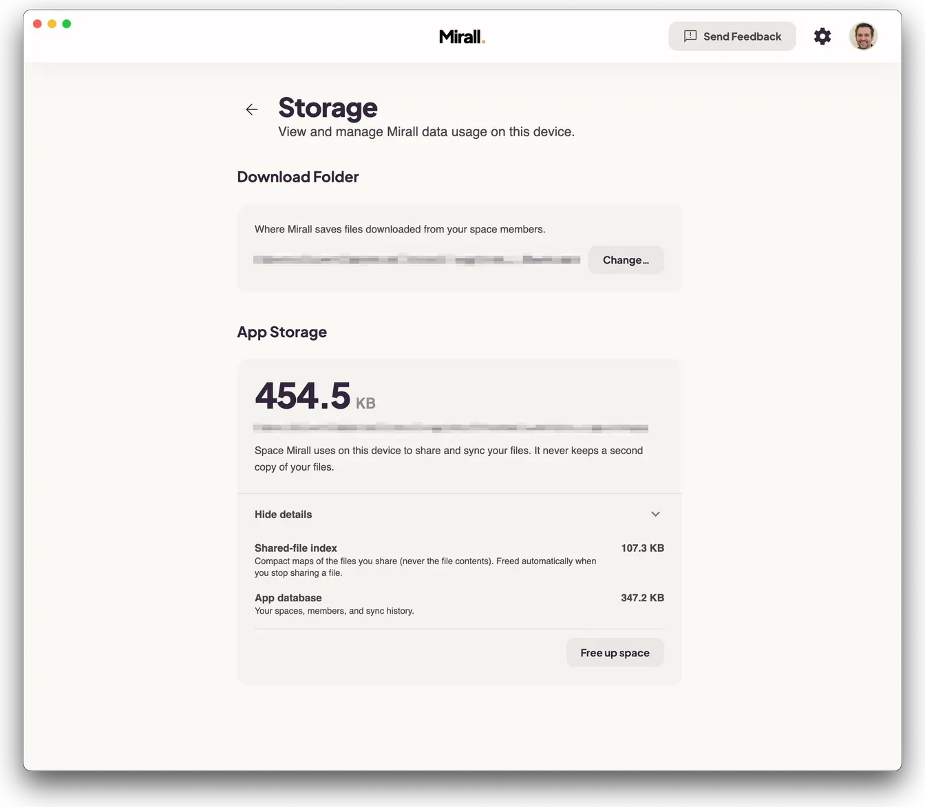Mirall's Storage settings showing the download folder and the App Storage breakdown into a shared-file index and app database