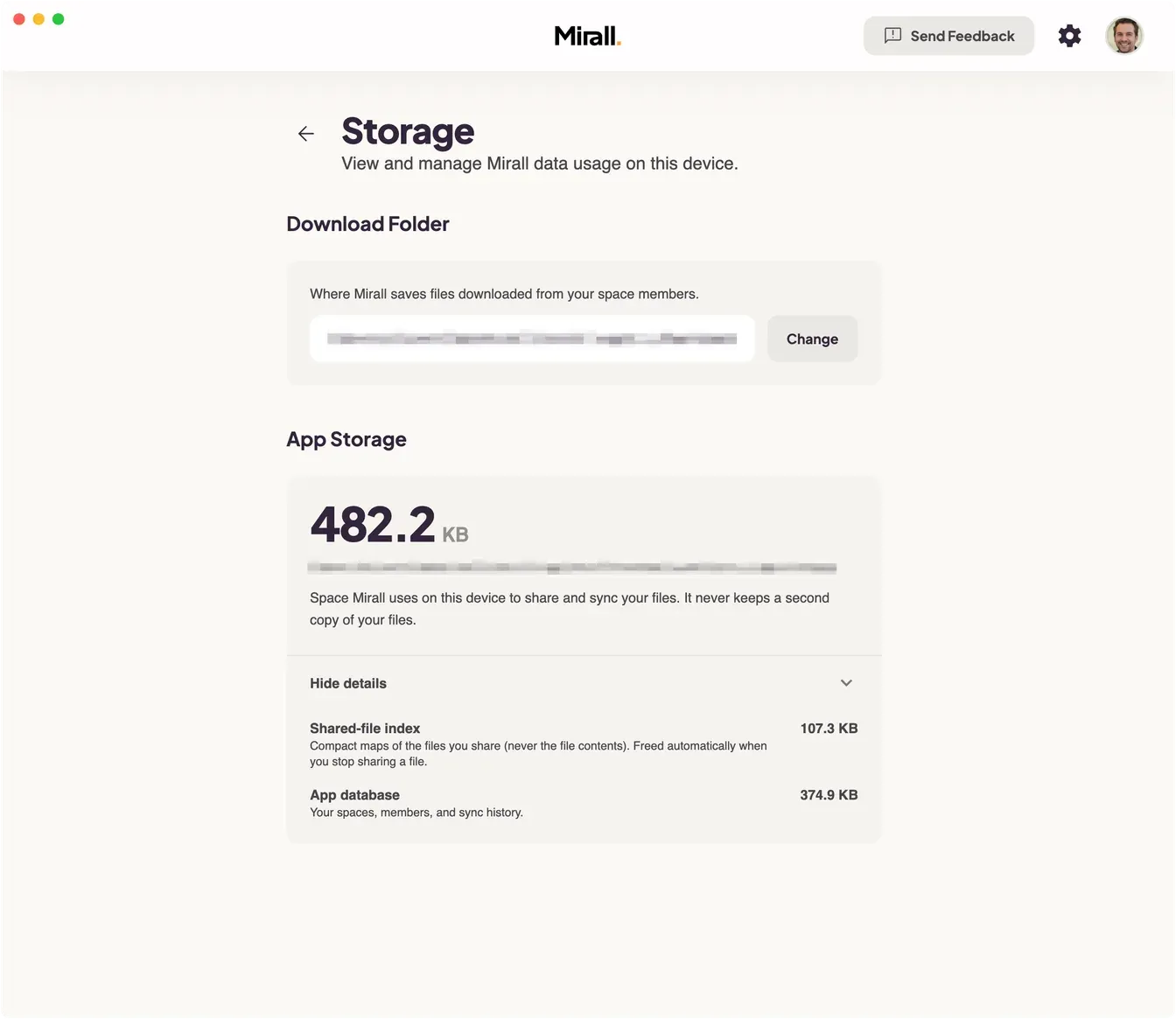 Mirall's Storage settings showing the download folder and the App Storage breakdown into a shared-file index and app database