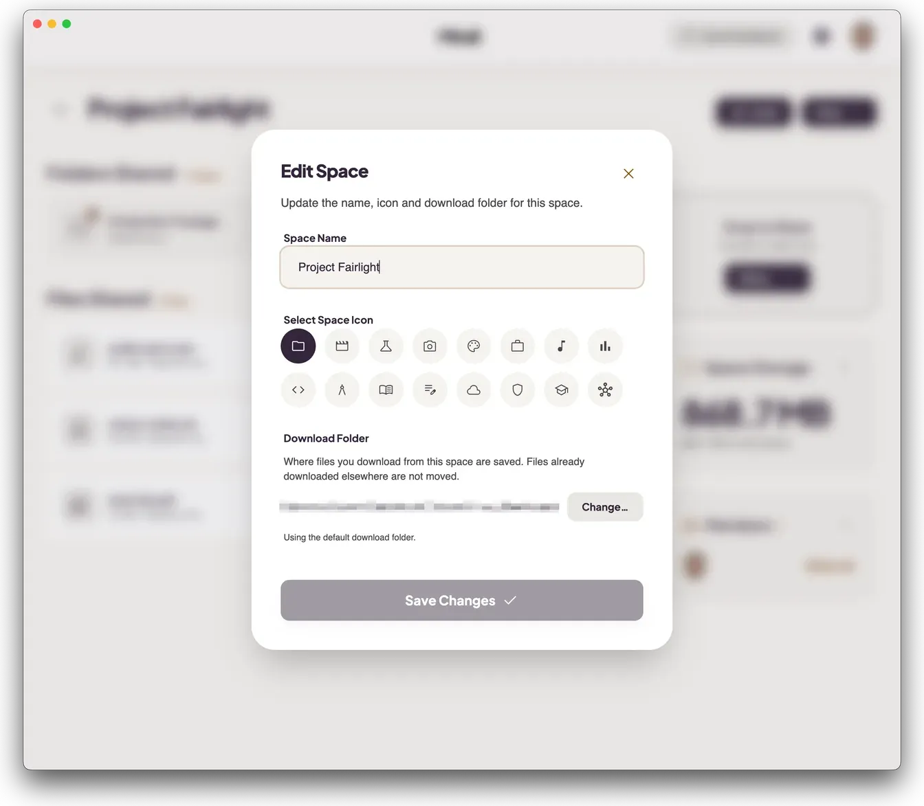 Mirall's Edit Space dialog showing the Download Folder section with a Change button and a note that the space is using the default download folder