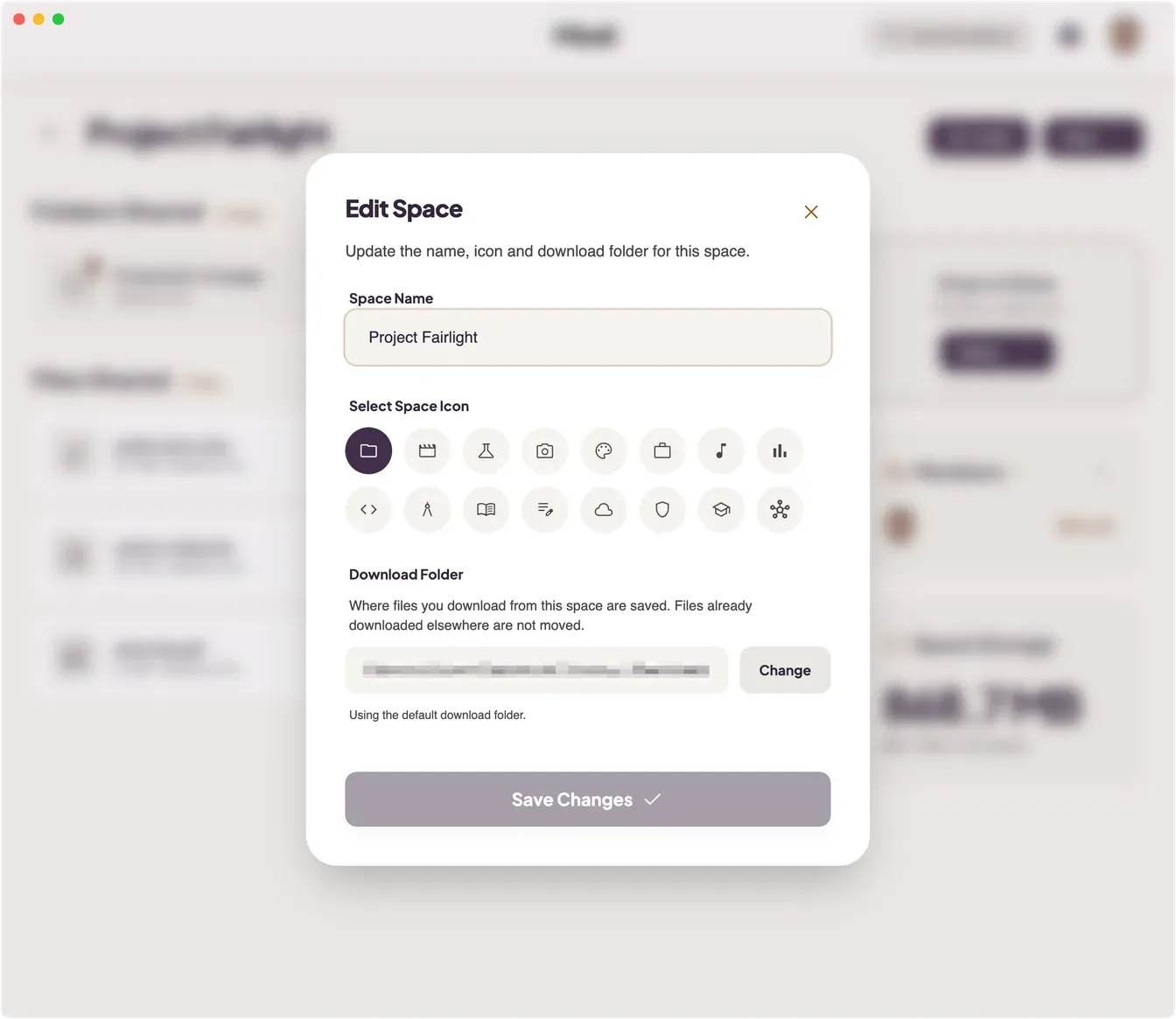Mirall's Edit Space dialog showing the Download Folder section with a Change button and a note that the space is using the default download folder