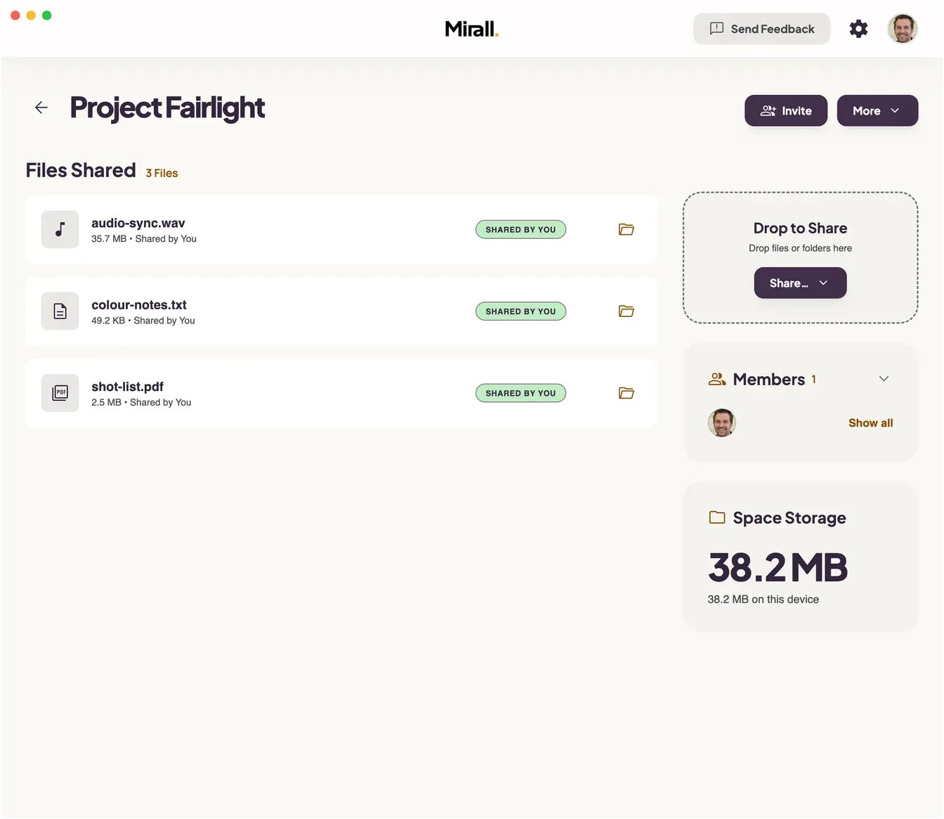 A Mirall space with shared files, the Drop to Share zone, and the Members panel in the sidebar