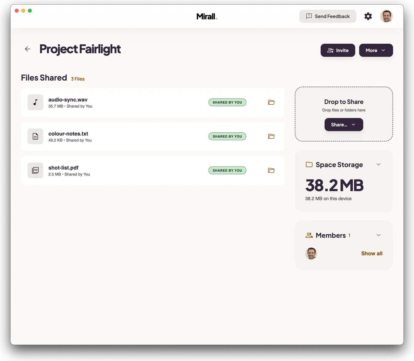 A Mirall space with shared files, the Drop to Share zone, and the Members panel in the sidebar