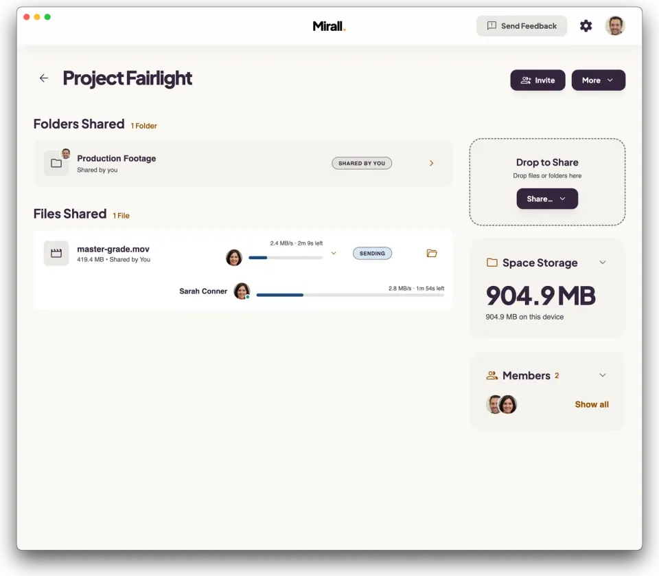 Mirall app with the Send Feedback button highlighted